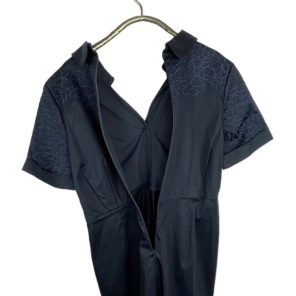BADGLEY MISCHKA NAVY SATEEN FLORAL EMBROIDERED SHIRT COLLAR FITTED SHEATH DRESS - Picture 8 of 14